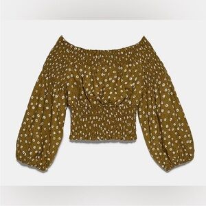 Zara Floral Off-Shoulder Top in Olive Green XL NWT